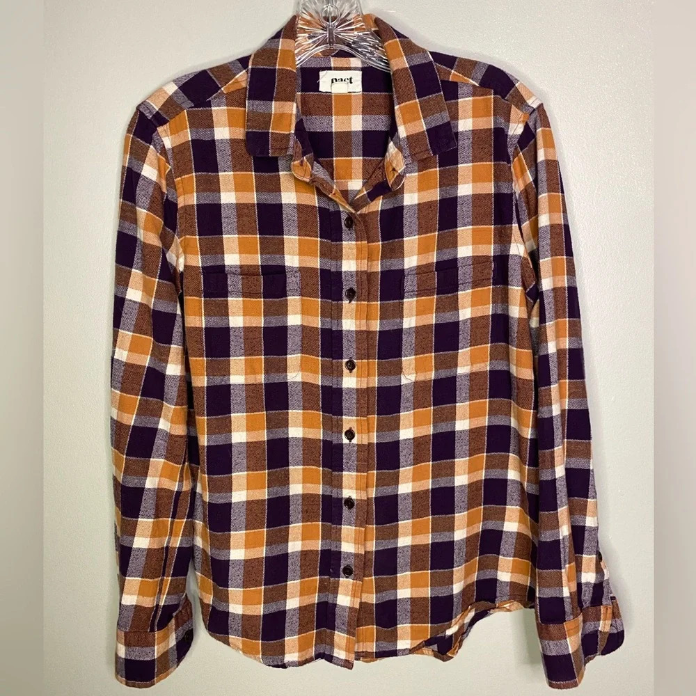 Pact women’s long sleeve currant plaid flannel fireside shirt front pocket small